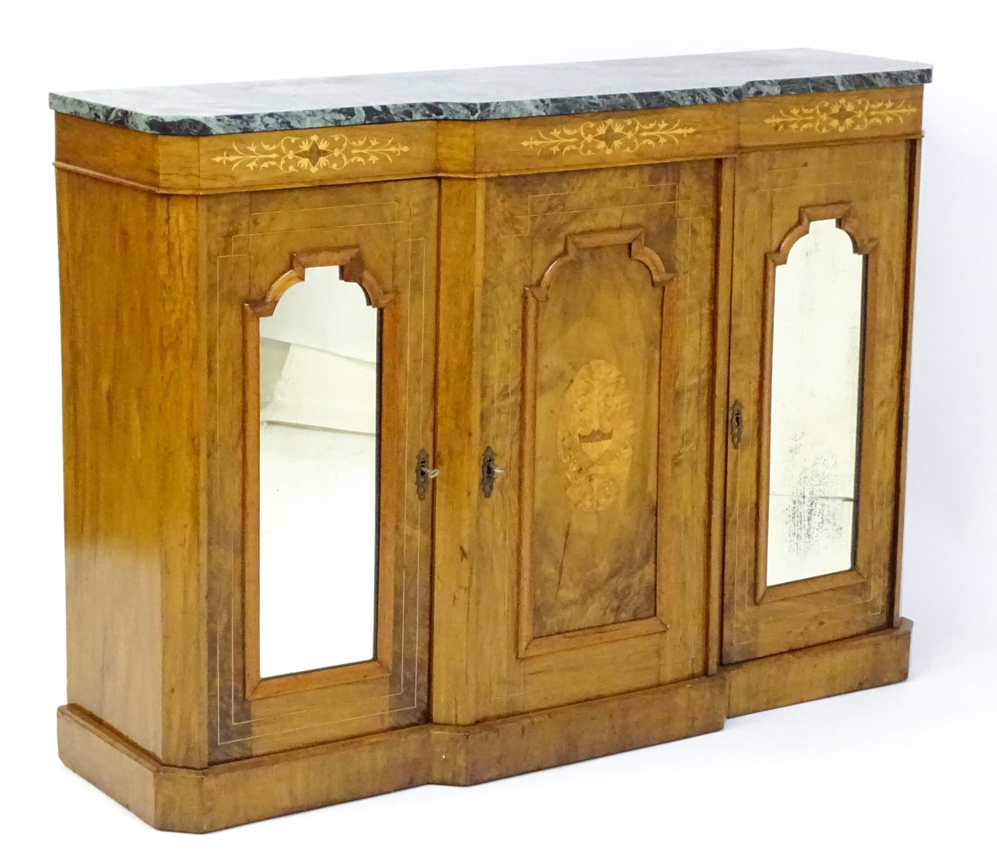 19thC Walnut Sideboard – Marble Top, Satinwood Inlay & Mirrored Doors