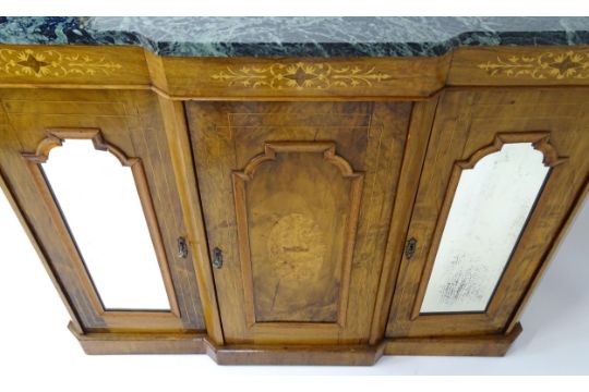 19thC Walnut Sideboard – Marble Top, Satinwood Inlay & Mirrored Doors