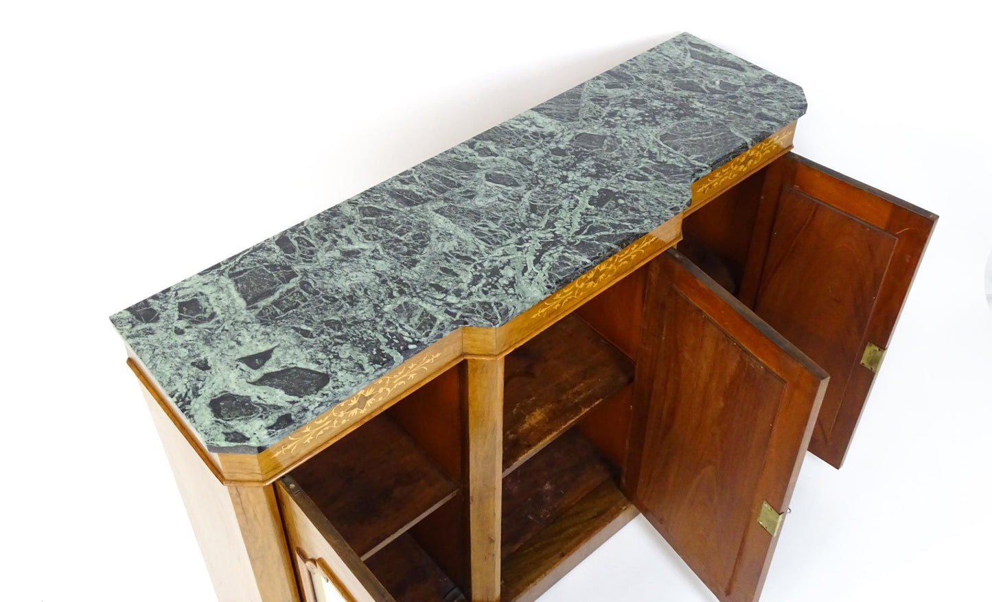 19thC Walnut Sideboard – Marble Top, Satinwood Inlay & Mirrored Doors
