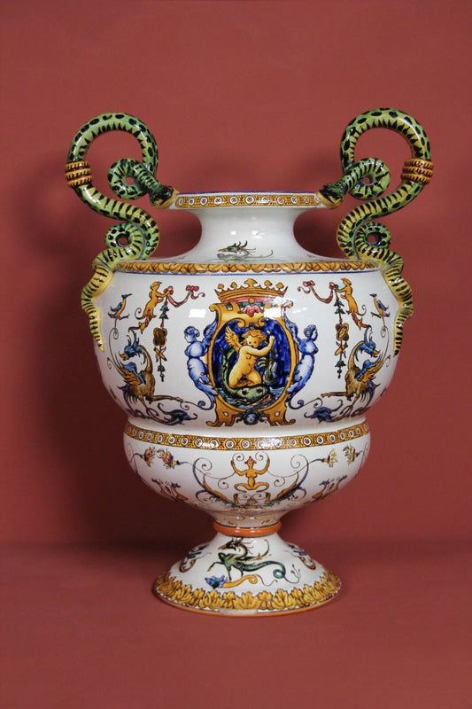 Gien Faience Renaissance Vase – Snake Handles, 19th Century, 40cm