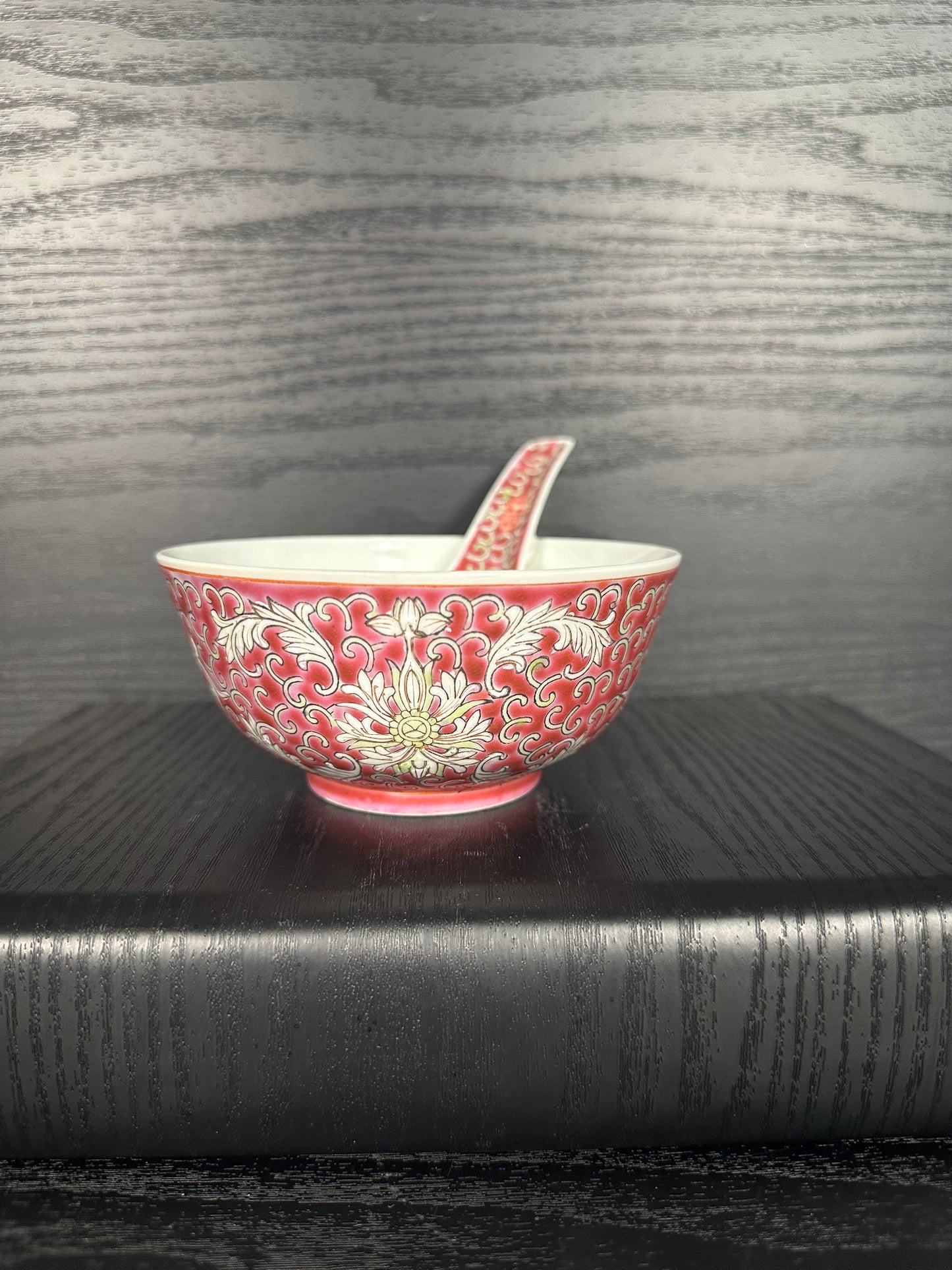 Vintage Chinese Red Floral Porcelain Tea Set – Teapot, Bowl & Spoon