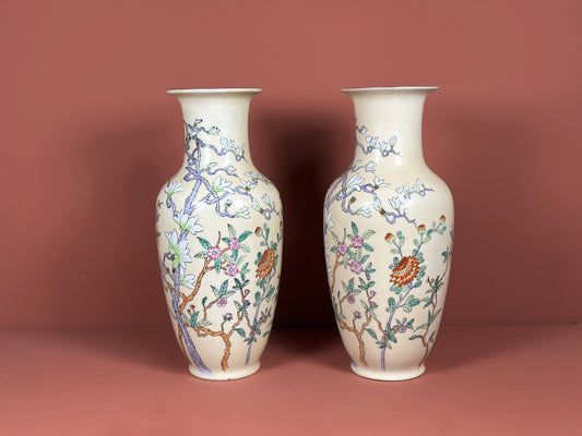Pair of Oriental Porcelain Vases – Hand-Painted Blossom & Character Marks