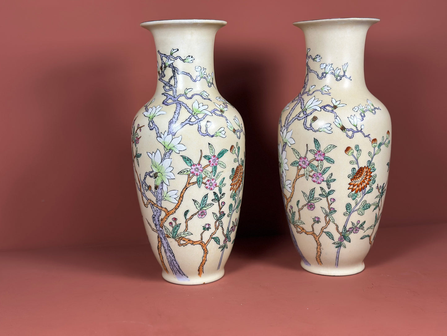 Pair of Oriental Porcelain Vases – Hand-Painted Blossom & Character Marks