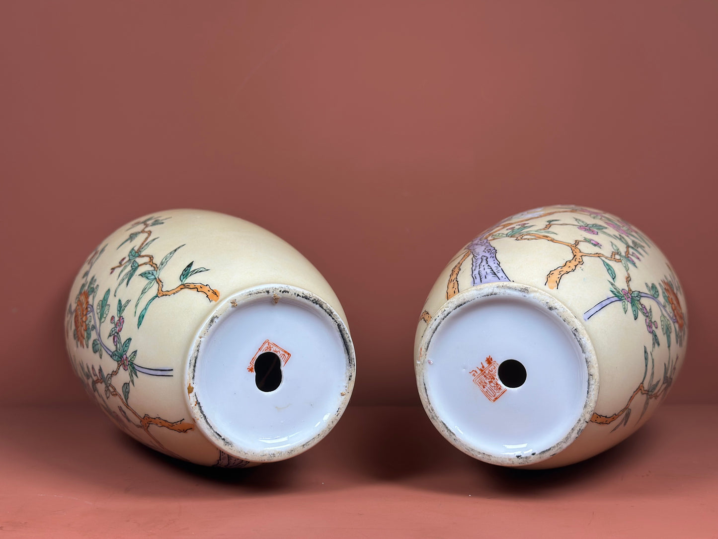 Pair of Oriental Porcelain Vases – Hand-Painted Blossom & Character Marks
