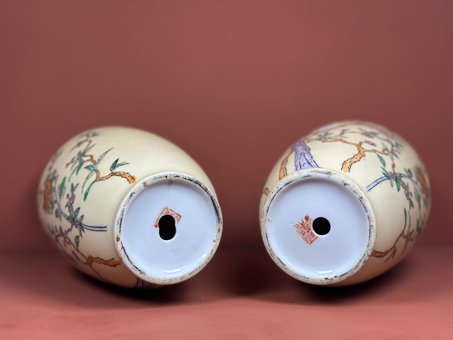 Pair of Oriental Porcelain Vases – Hand-Painted Blossom & Character Marks