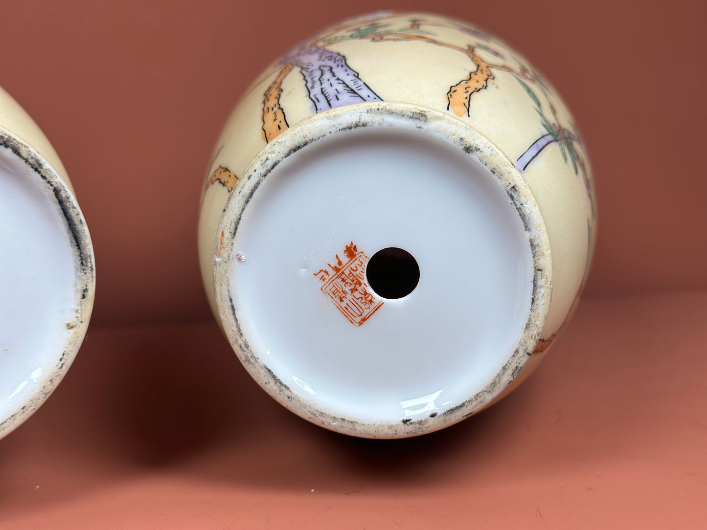 Pair of Oriental Porcelain Vases – Hand-Painted Blossom & Character Marks