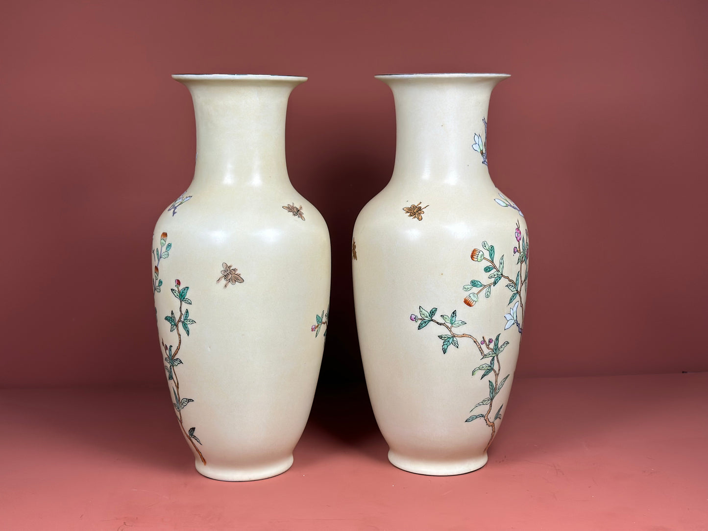 Pair of Oriental Porcelain Vases – Hand-Painted Blossom & Character Marks