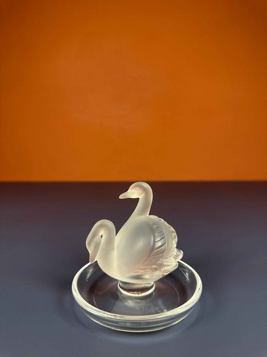 Lalique Crystal Swan Ring Dish – Signed Frosted & Clear French Crystal