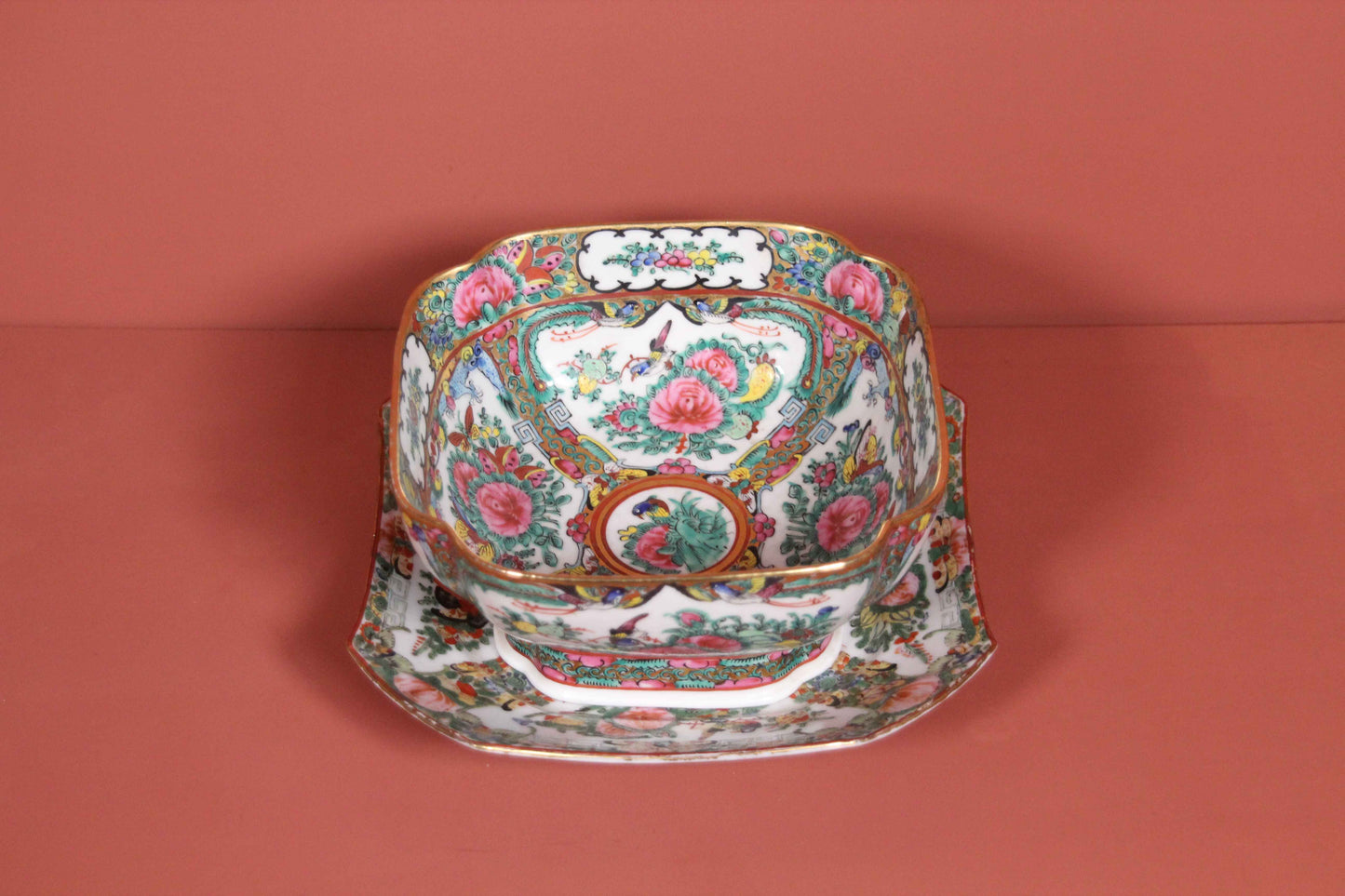 Antique Chinese Rose Medallion Bowl & Underplate – Hand-Painted Set