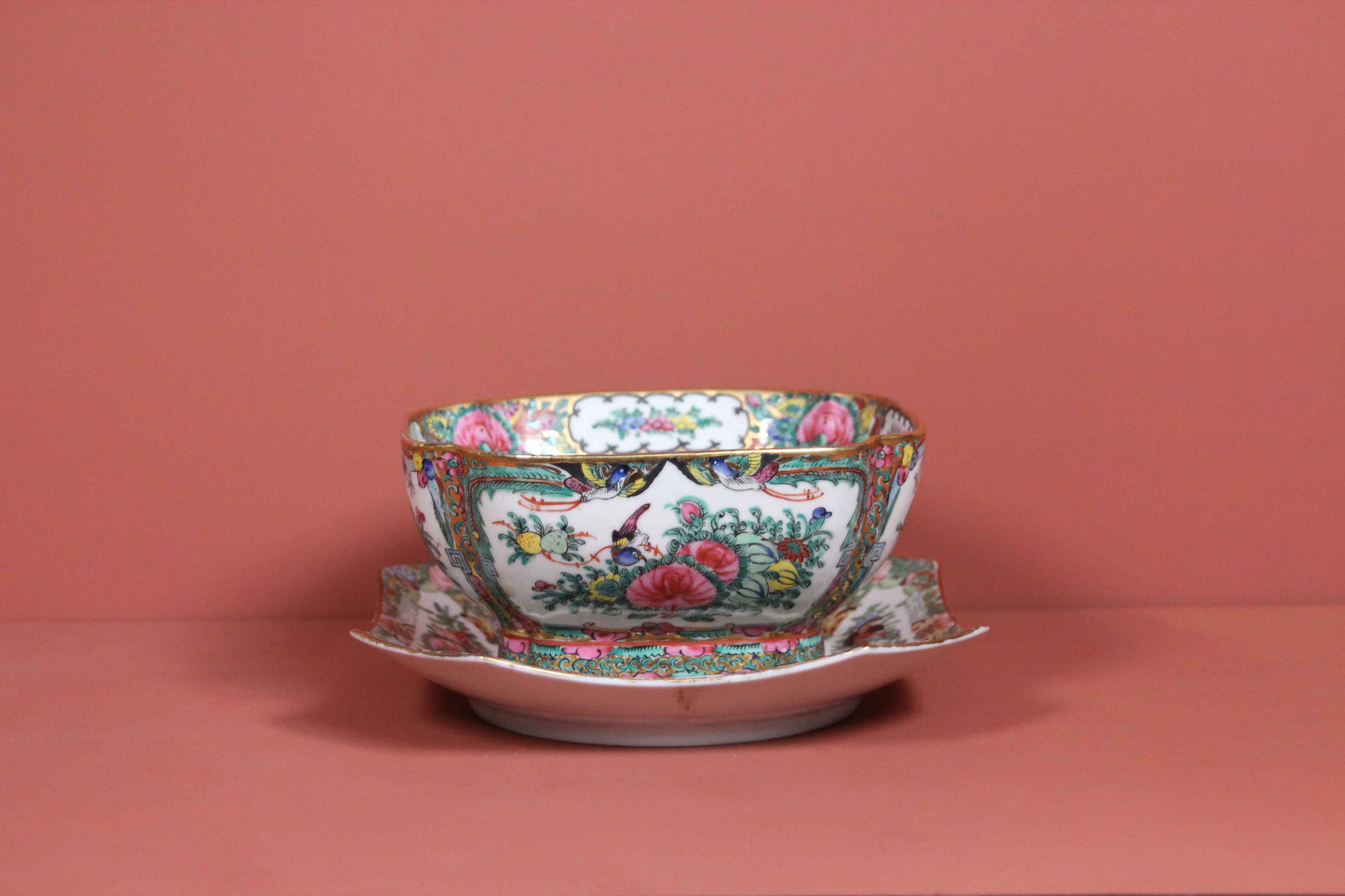 Antique Chinese Rose Medallion Bowl & Underplate – Hand-Painted Set
