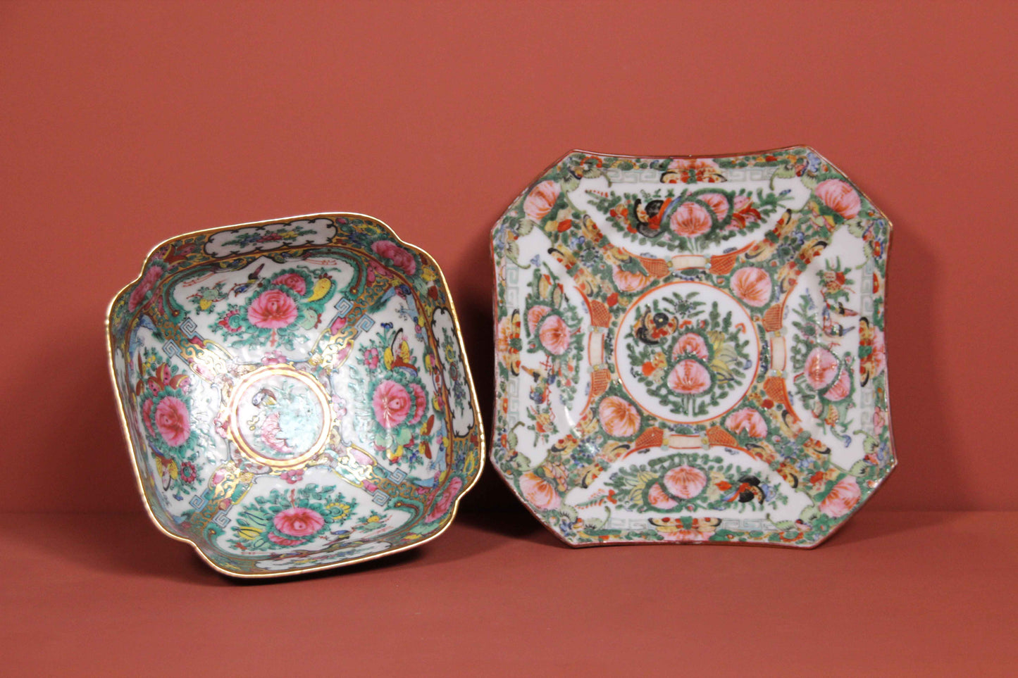 Antique Chinese Rose Medallion Bowl & Underplate – Hand-Painted Set
