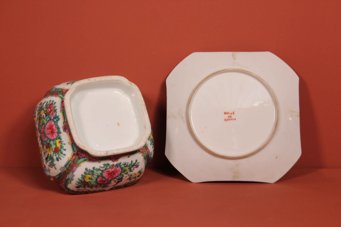 Antique Chinese Rose Medallion Bowl & Underplate – Hand-Painted Set