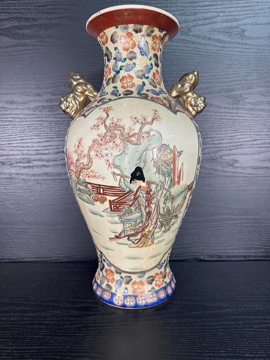 Large Oriental Vase – Hand-Painted with Gilt Handles – 46cm Decorative