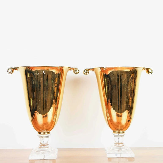 Pair of Italian Gold Porcelain & Glass Urn Uplighters – 48cm – Chipped – Vintage Decor