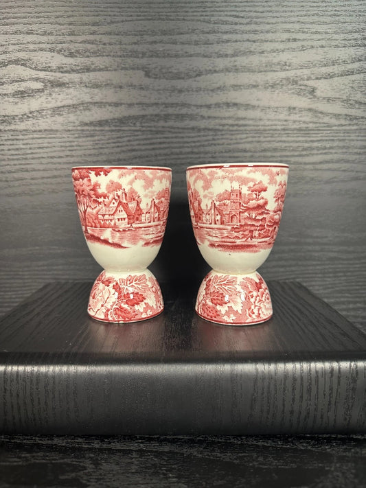 Pair of Vintage Red Transferware Egg Cups – Floral & Countryside Scene