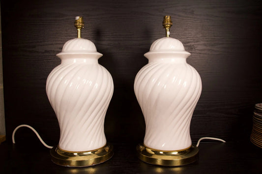 Pair of Vintage White Swirl Ceramic Table Lamps – Brass Bases