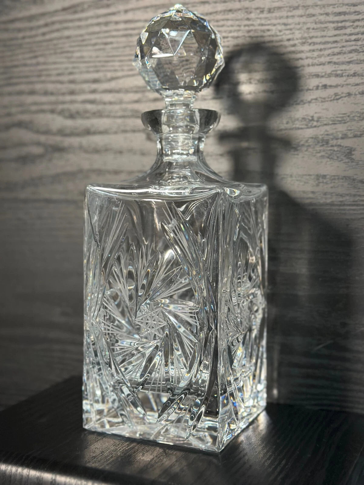 Vintage Cut Glass Crystal Decanter with Faceted Stopper – Starburst Design