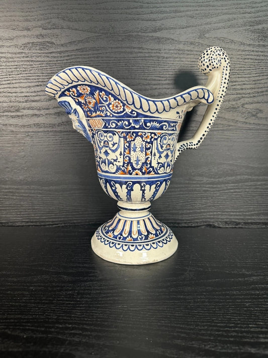 Vintage Delft-Style Decorative Ceramic Jug with Mask Face & Ornate Blue/Orange