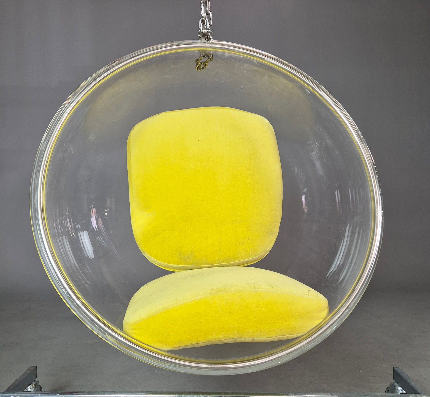 Eero Aarnio Style Bubble Hanging Chair with Yellow Cushions