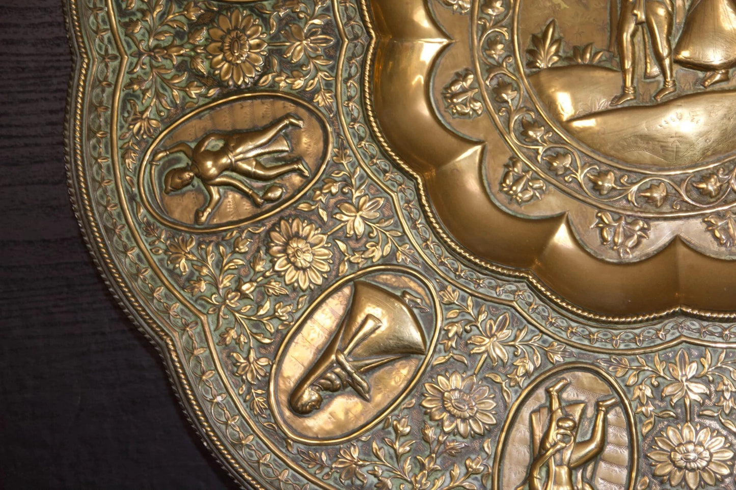 Large Ornate Brass Charger Plate – Religious & Mythological Scenes – Approx. 70c