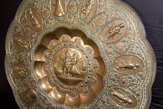 Large Ornate Brass Charger Plate – Religious & Mythological Scenes – Approx. 70c