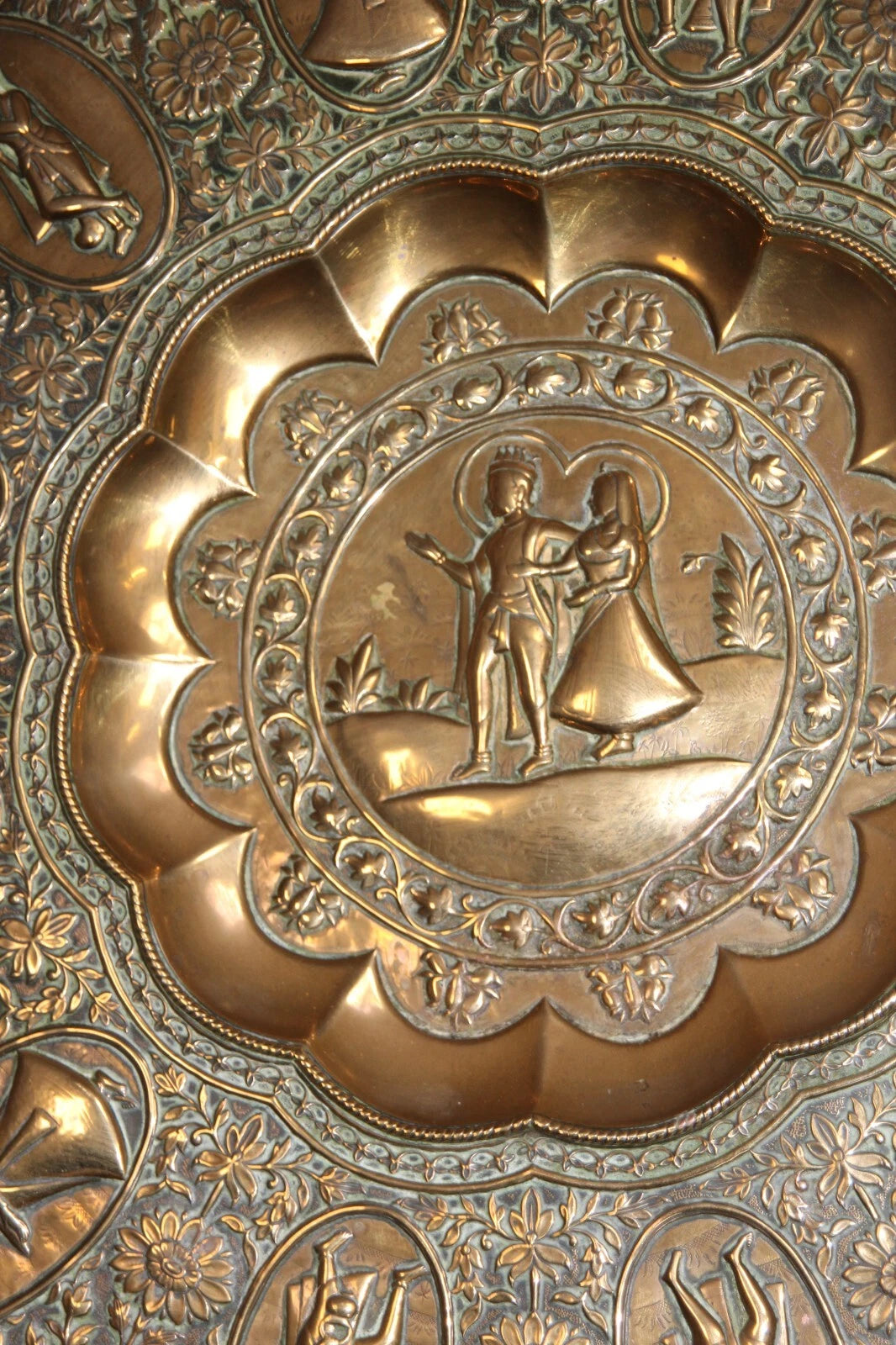 Large Ornate Brass Charger Plate – Religious & Mythological Scenes – Approx. 70c