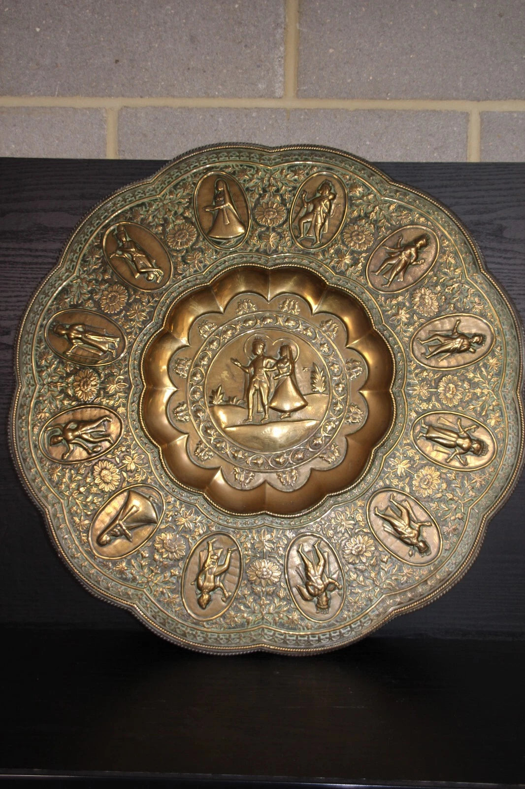 Large Ornate Brass Charger Plate – Religious & Mythological Scenes – Approx. 70c