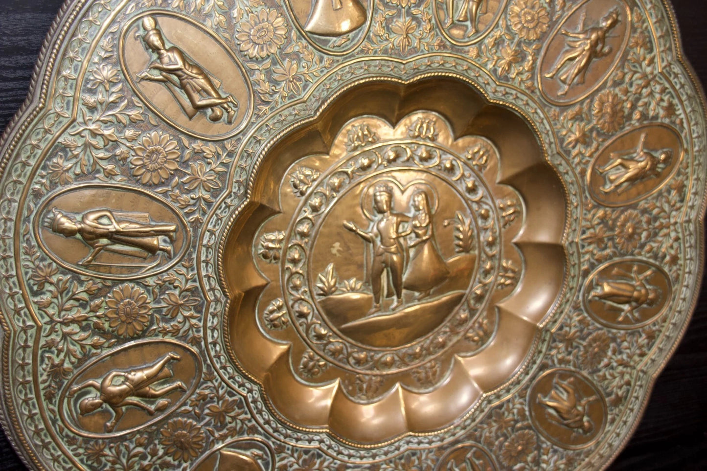 Large Ornate Brass Charger Plate – Religious & Mythological Scenes – Approx. 70c
