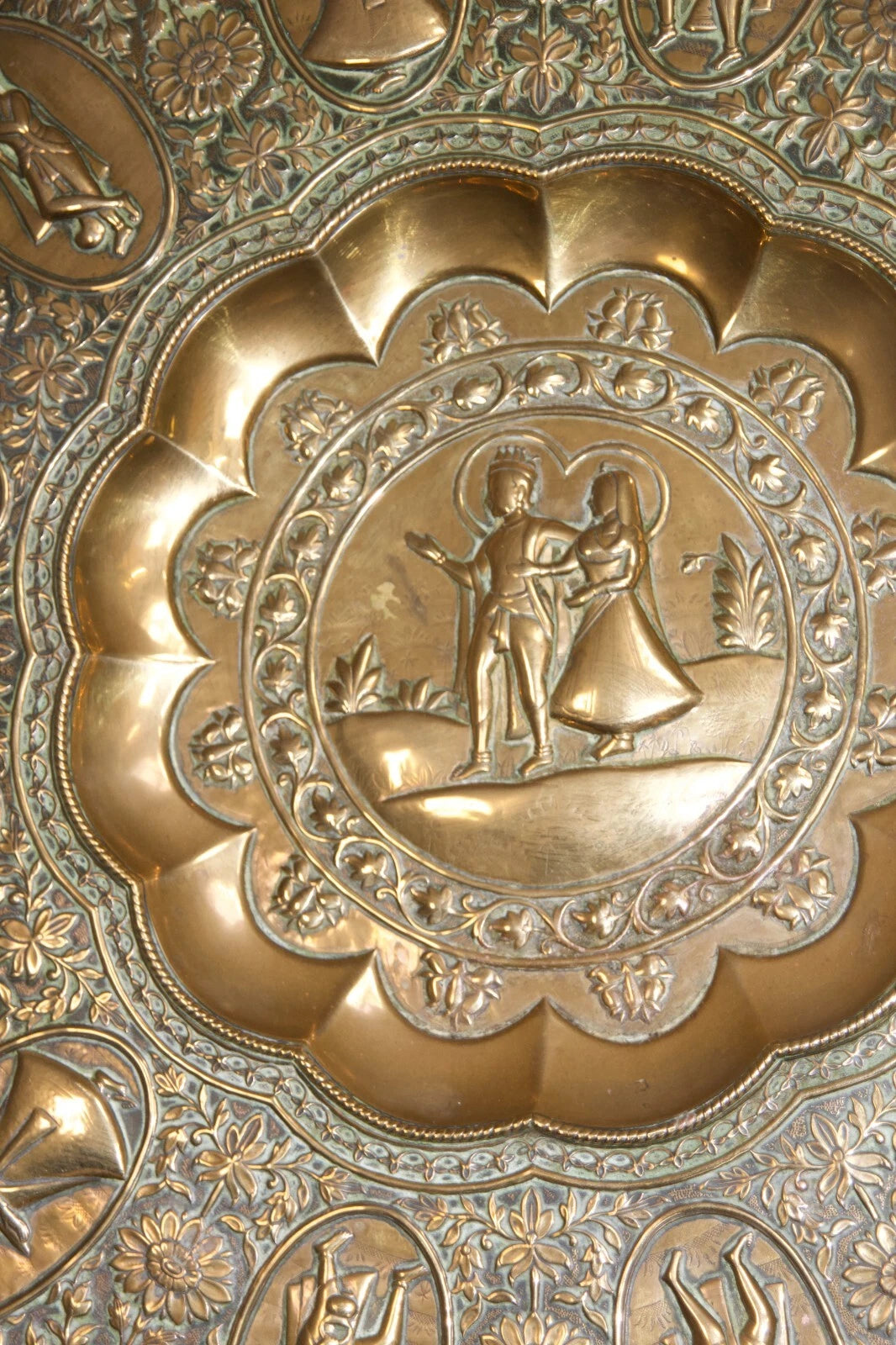 Large Ornate Brass Charger Plate – Religious & Mythological Scenes – Approx. 70c