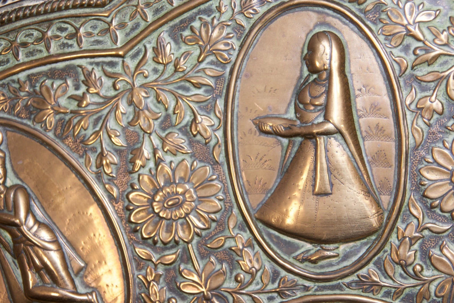 Large Ornate Brass Charger Plate – Religious & Mythological Scenes – Approx. 70c