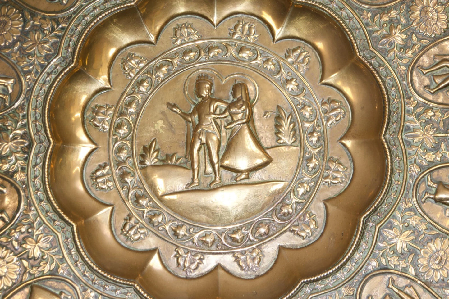 Large Ornate Brass Charger Plate – Religious & Mythological Scenes – Approx. 70c