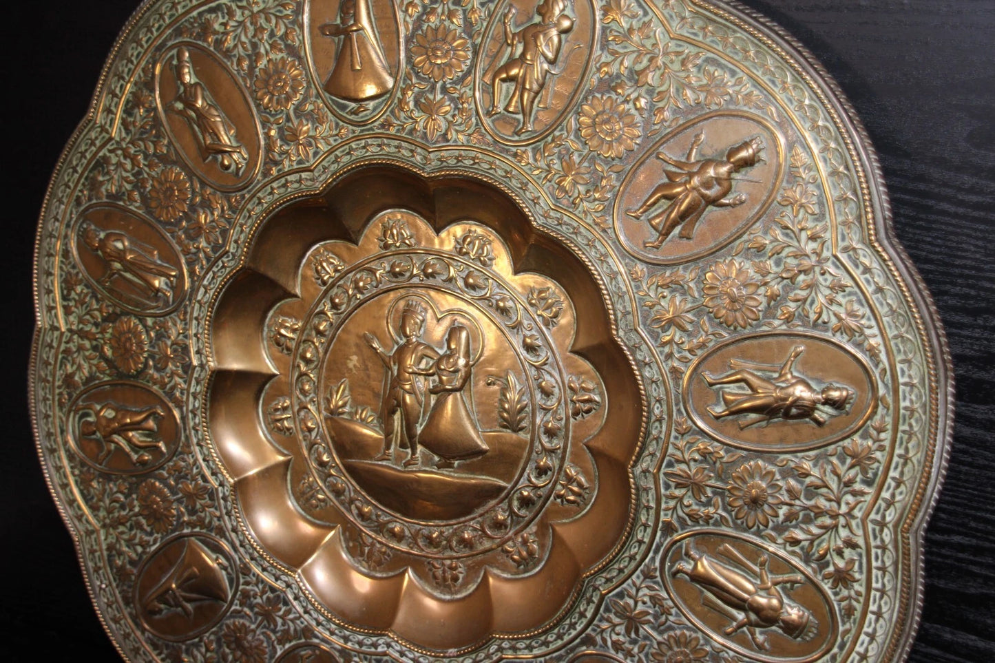 Large Ornate Brass Charger Plate – Religious & Mythological Scenes – Approx. 70c