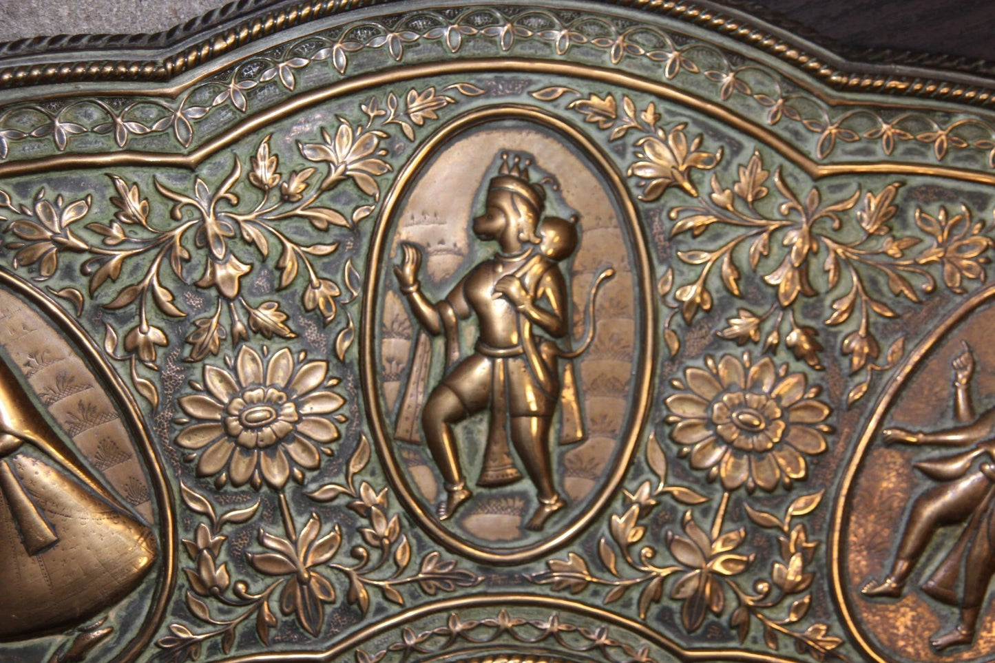 Large Ornate Brass Charger Plate – Religious & Mythological Scenes – Approx. 70c