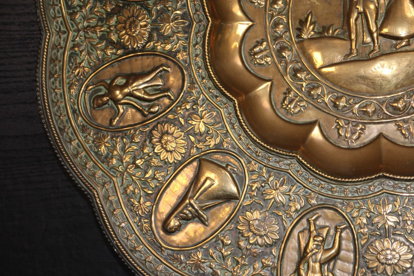 Large Ornate Brass Charger Plate – Religious & Mythological Scenes – Approx. 70c