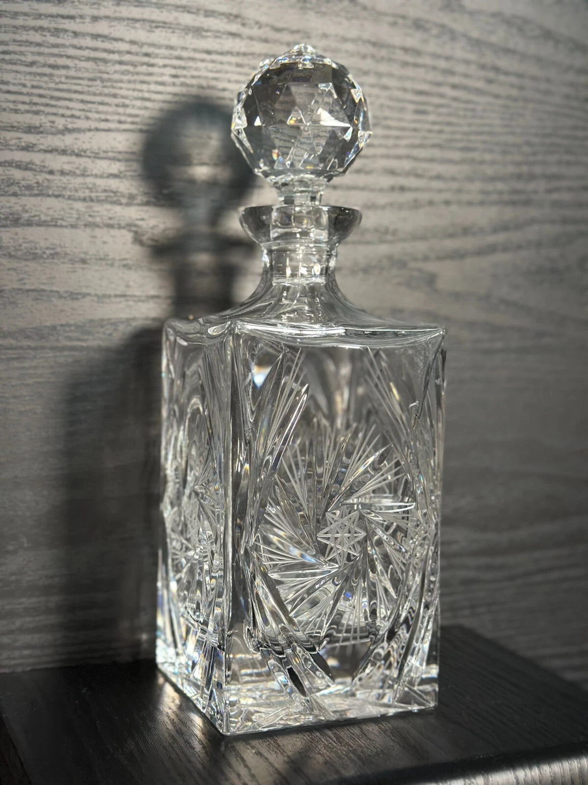 Vintage Cut Glass Crystal Decanter with Faceted Stopper – Starburst Design
