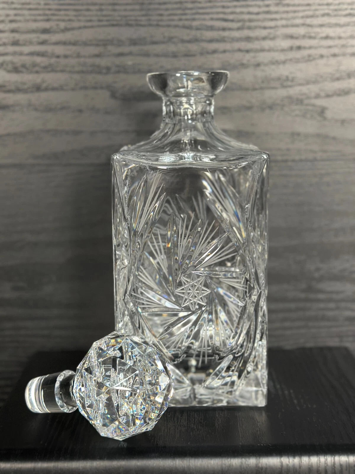 Vintage Cut Glass Crystal Decanter with Faceted Stopper – Starburst Design