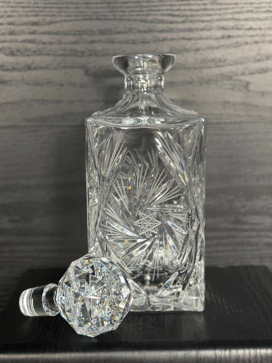 Vintage Cut Glass Crystal Decanter with Faceted Stopper – Starburst Design