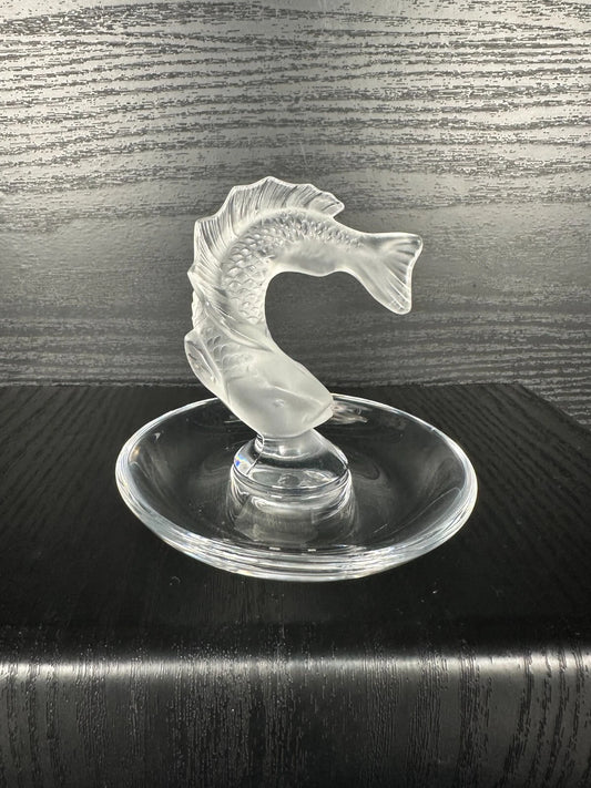 Lalique Crystal Fish Figurine on Dish – Signed, Frosted Glass – Mint Condition