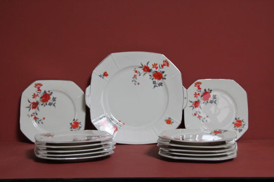Victoria Czechoslovakia Art Deco Floral Plates Set – 13-Piece Vintage