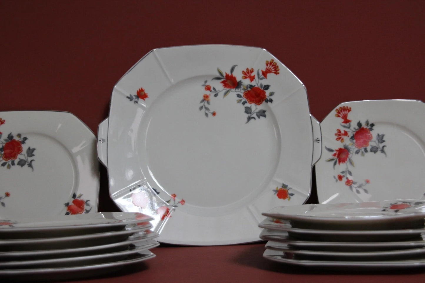 Victoria Czechoslovakia Art Deco Floral Plates Set – 13-Piece Vintage