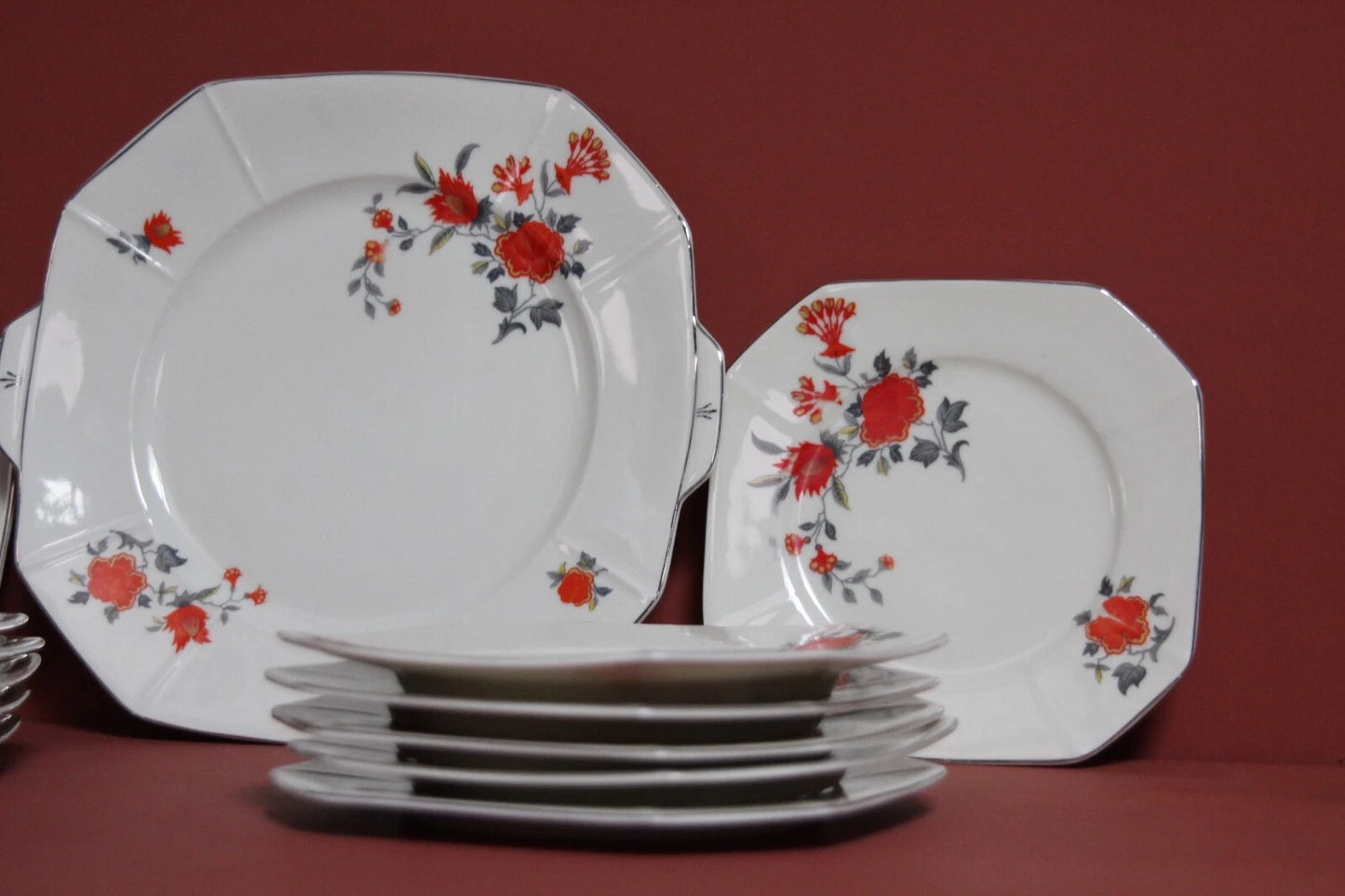 Victoria Czechoslovakia Art Deco Floral Plates Set – 13-Piece Vintage