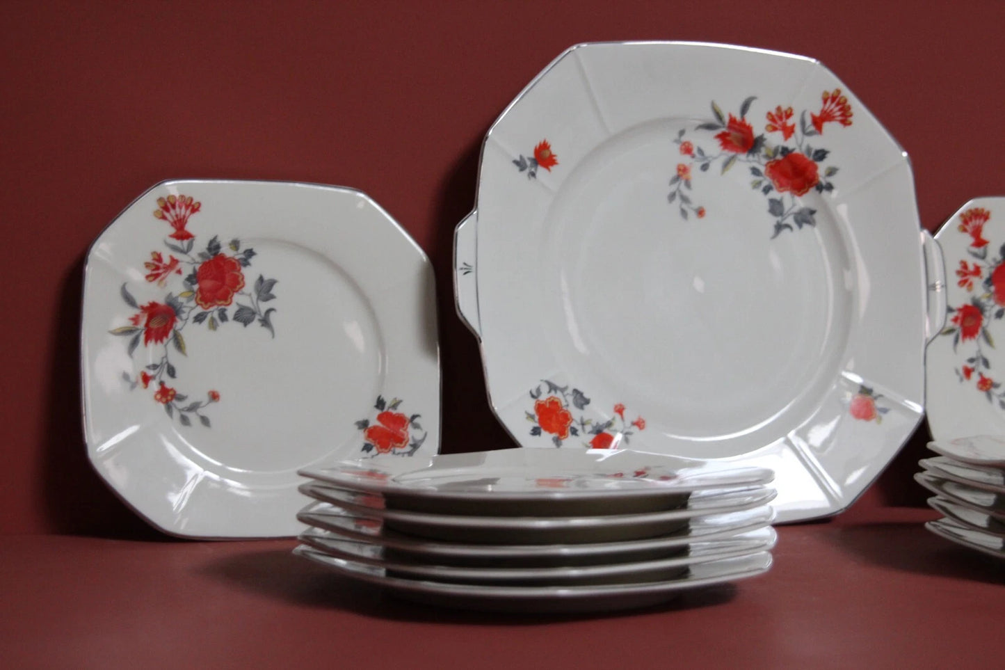Victoria Czechoslovakia Art Deco Floral Plates Set – 13-Piece Vintage