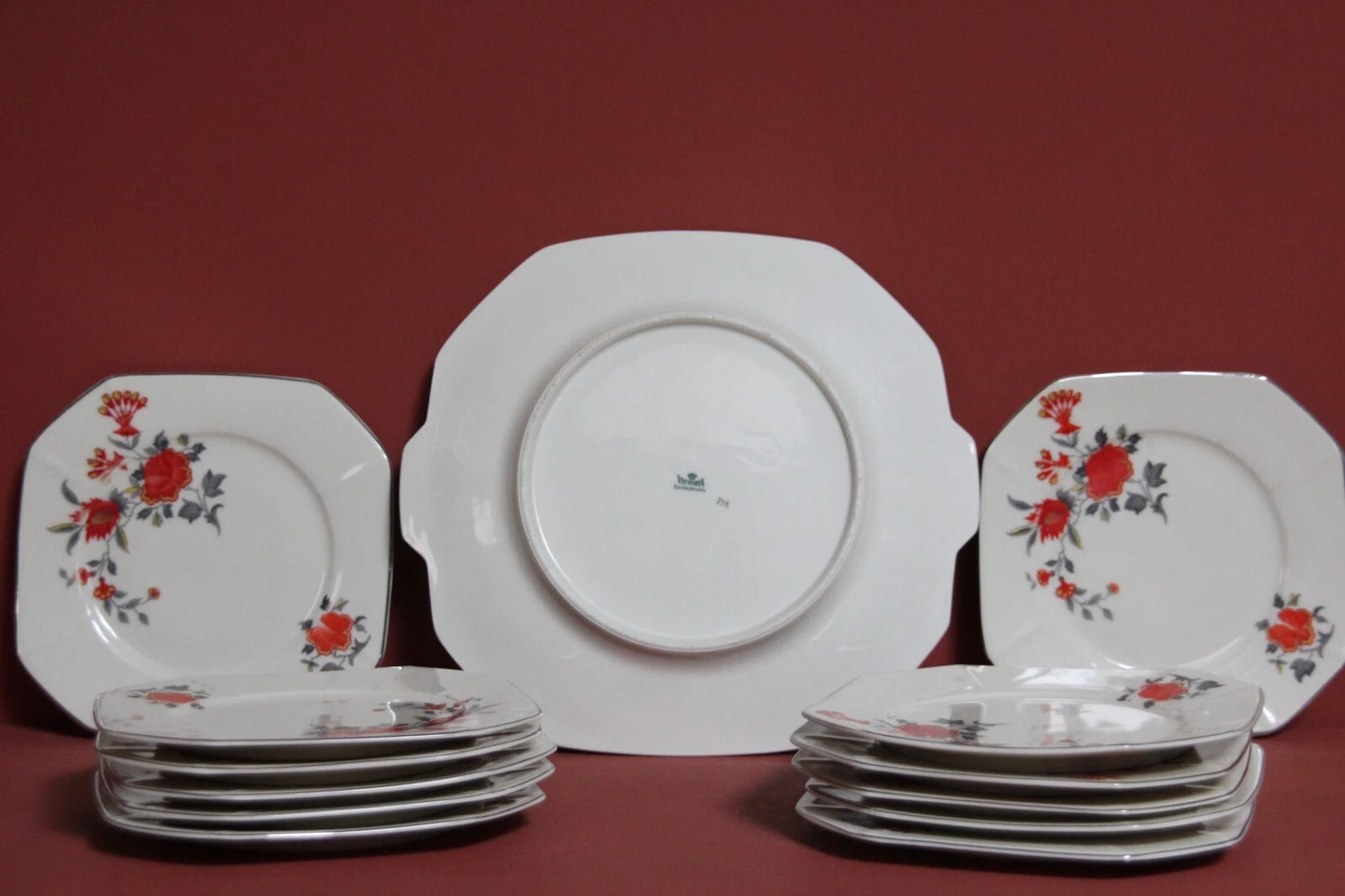 Victoria Czechoslovakia Art Deco Floral Plates Set – 13-Piece Vintage