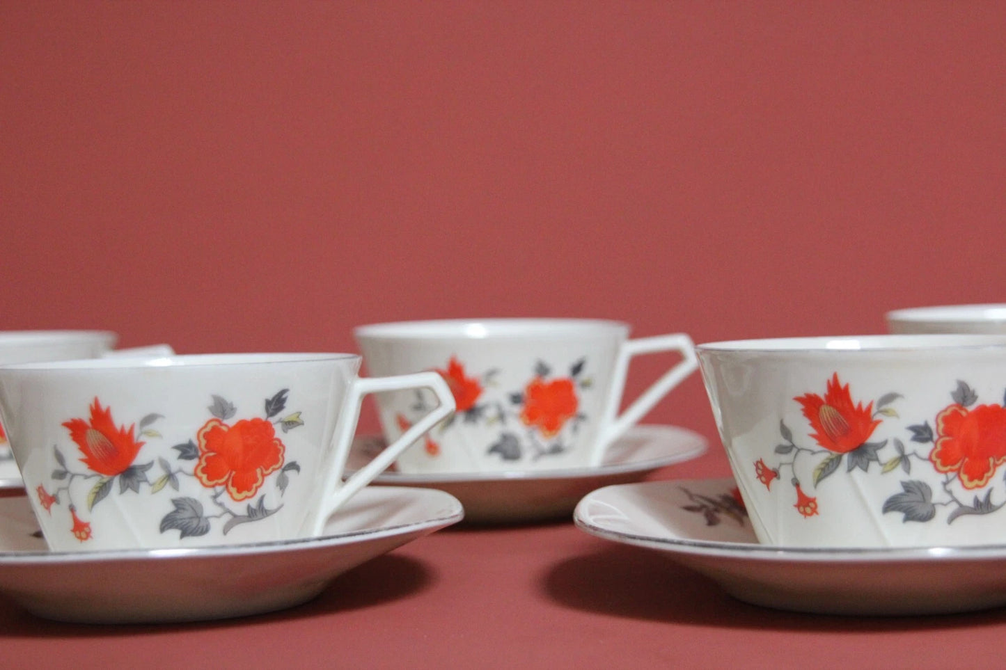 Victoria Czechoslovakia Art Deco Tea Cups & Saucers – Set of 6