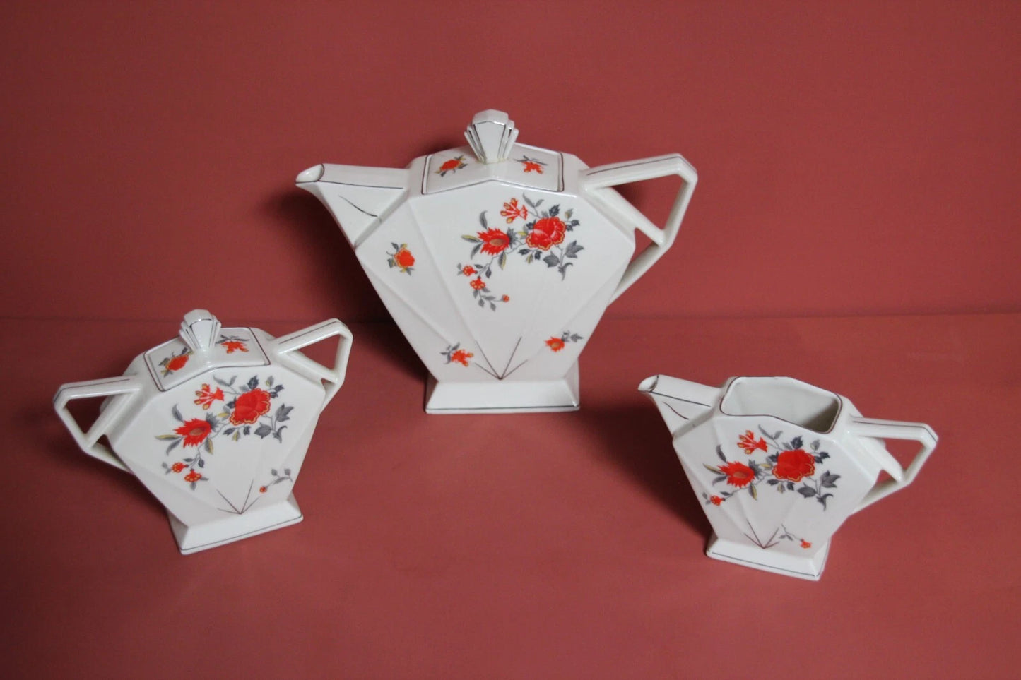 Victoria Czechoslovakia Deco Tea Set – Teapot, Sugar Bowl & Milk Jug