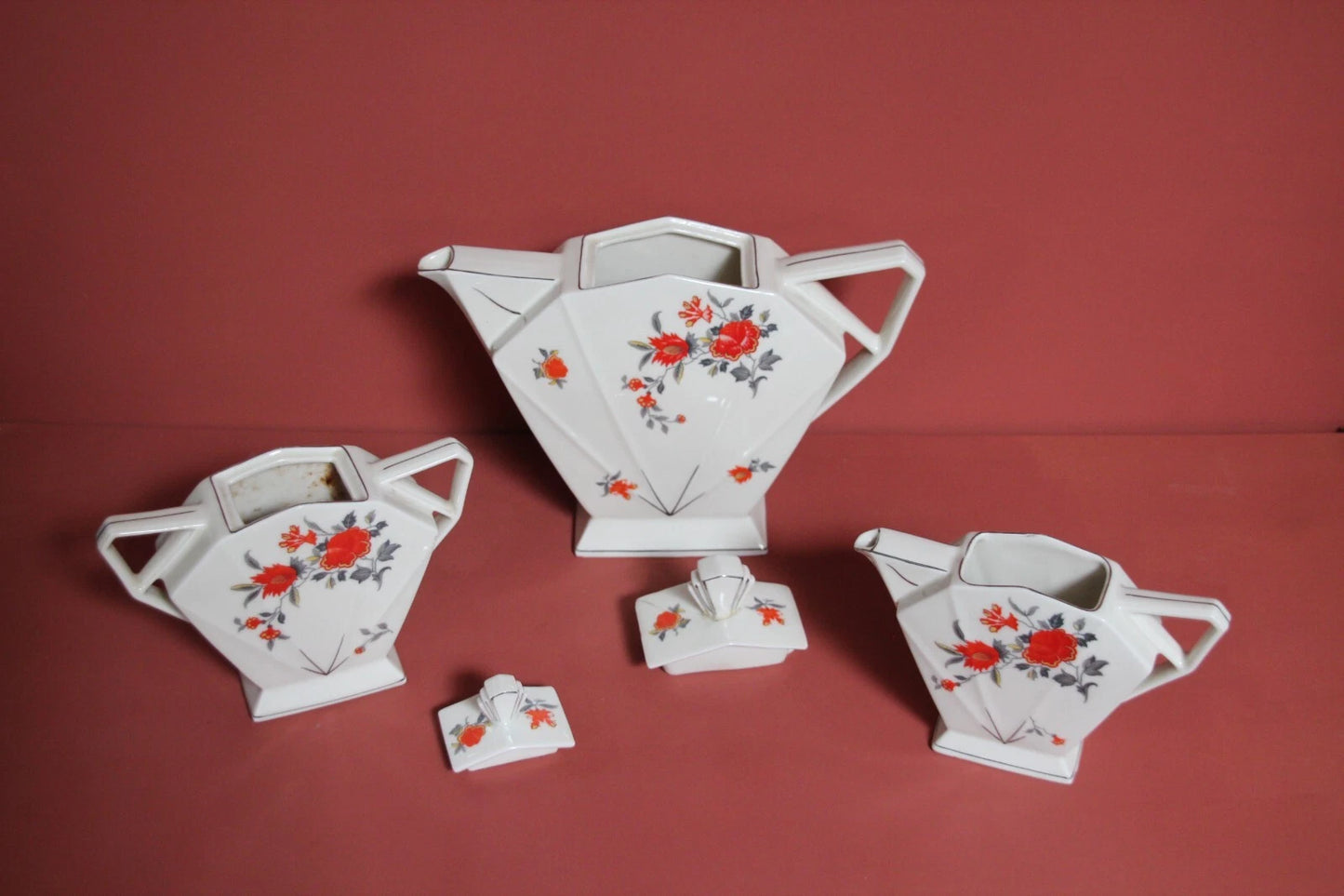 Victoria Czechoslovakia Deco Tea Set – Teapot, Sugar Bowl & Milk Jug