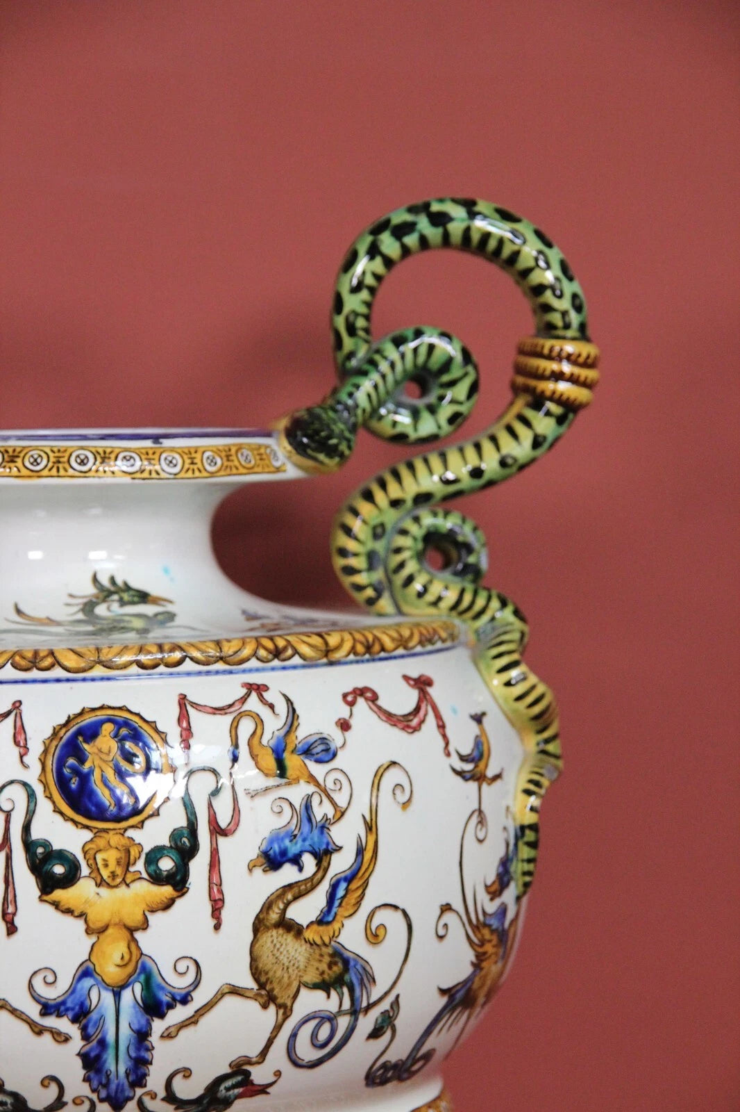 Gien Faience Renaissance Vase – Snake Handles, 19th Century, 40cm