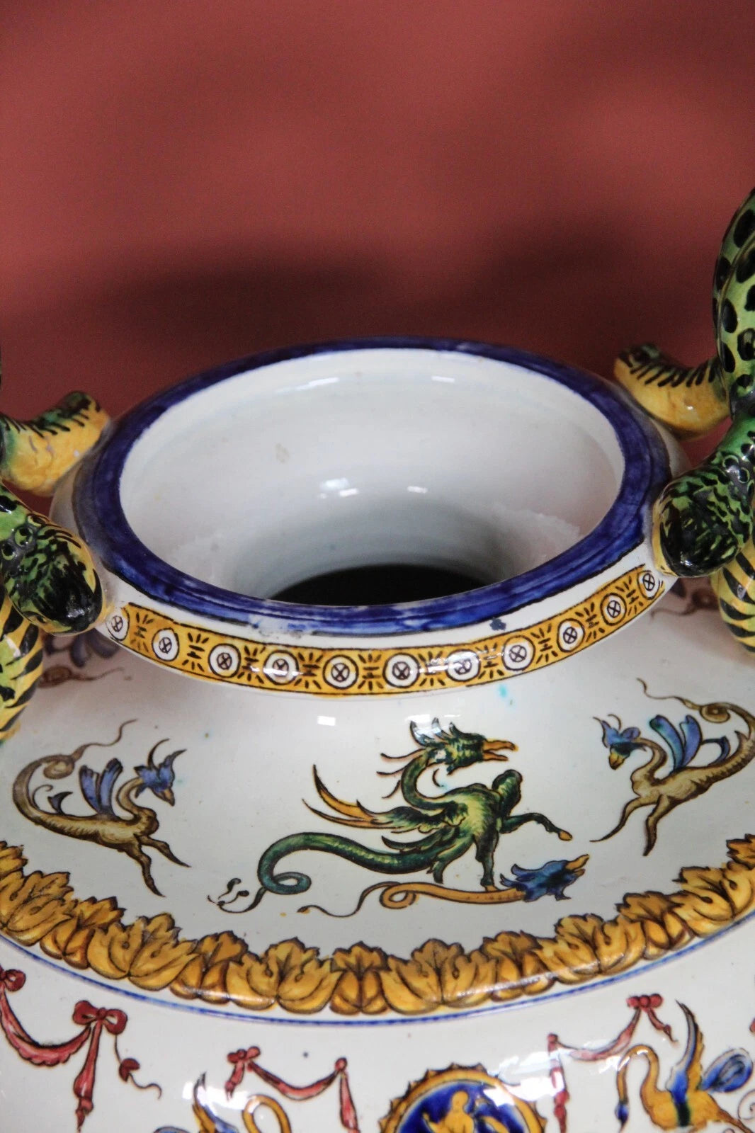 Gien Faience Renaissance Vase – Snake Handles, 19th Century, 40cm