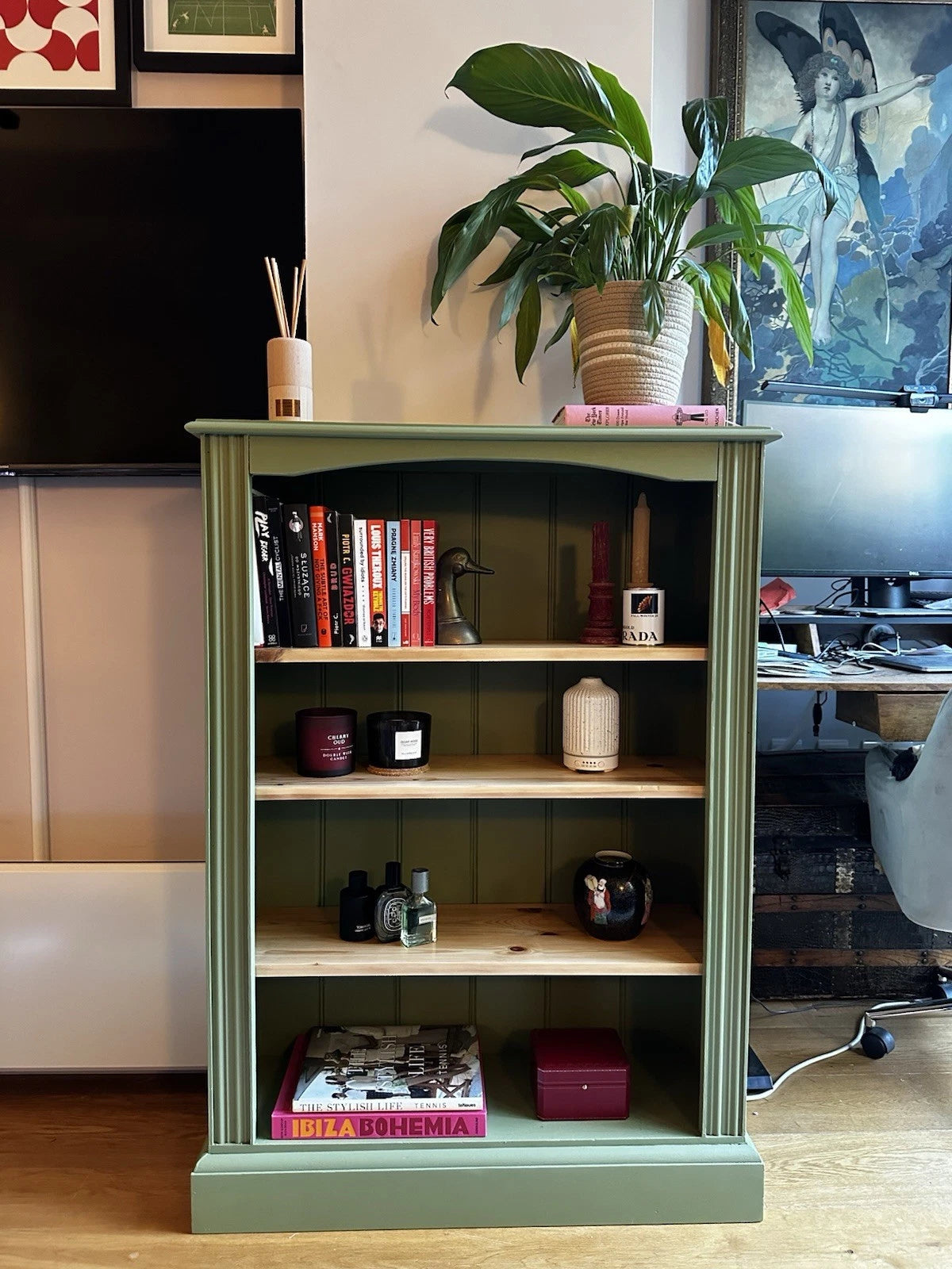 Freshly Painted Green Solid Wood Bookcase with Pine Shelves – 3 Tier