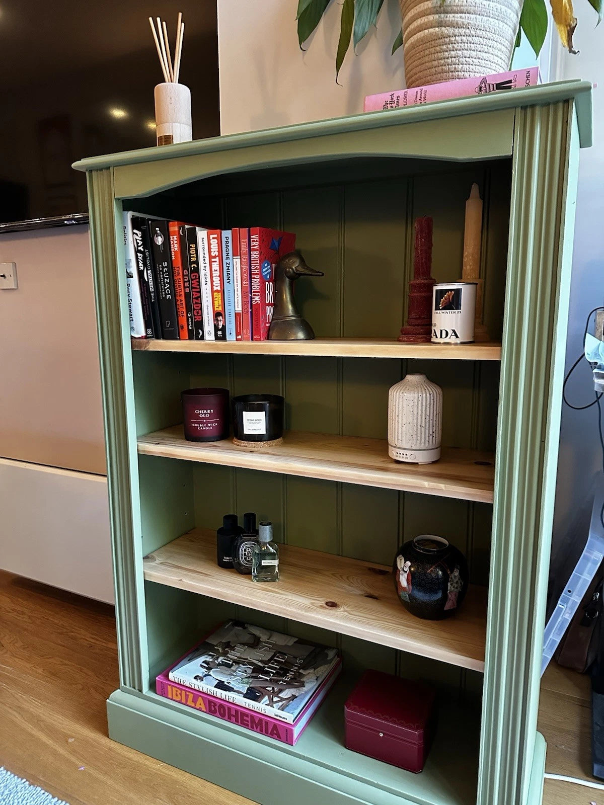 Freshly Painted Green Solid Wood Bookcase with Pine Shelves – 3 Tier